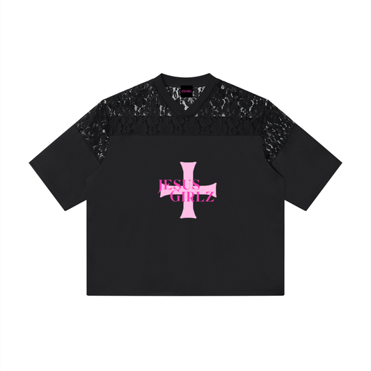 Jesus Girlz Lace Paneling V-Neck T-Shirt